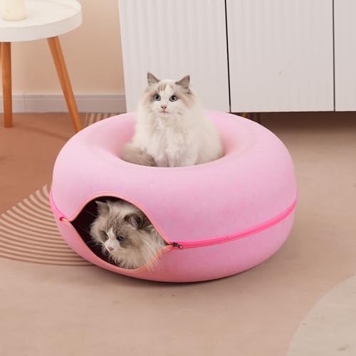 Large Cat Tunnel Bed for Indoor Cats with 3 Toys, Scratch Resistant Donut Cat Bed, Up to 30 Lbs (L 24x24x11, Pink) - color: Pink