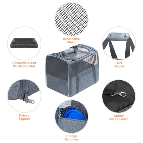 JUNGYOUN Premium Cat Carrier - Pet Carrier for Cat & Small Dogs up to 15lbs - Airline Approved Travel Dog Carrier with Anti-Escape Zippers, Collapsible Travel Bowl & Padded Strap - color: Charcoal, size: 17.5"L x 12.4"W x 13.5"H