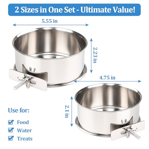 2 Pack Stainless Steel Bird Food Bowl Small Bird Feeding Dish Cups for Cage Parrot Food Bowl Cage with Clamp Holder for Parrots, Cockatiels, Small Animals (M+L) - size: M+L