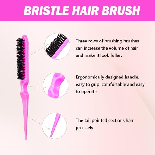 DAN Technology Hair Styling Set - 3 Pieces Teasing Comb, Rat Tail Comb, and Edge Brush for Slicking Baby Hair & Flyaways - Pink