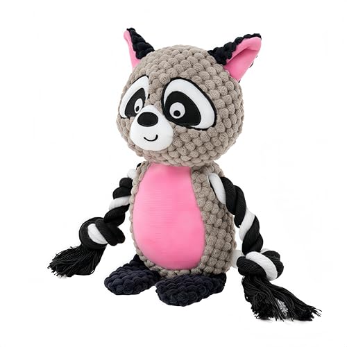 Raccoon Plush Dog Toy with Squeaker, Crinkle Paper & Rope for Small Dogs | Cute raccoon design with soft plush texture, squeaky sound and crinkle paper to encourage interactive indoor play. - color: Raccoon