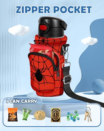 Water Bottle Carrier with Strap for Kids, 14-20 oz | Insulated, Neoprene Water Bottle Holder Bag with Pocket, Cute Cartoon, Bottle Bag for boys and girls, Walking Hiking Camping - color: Black Spider