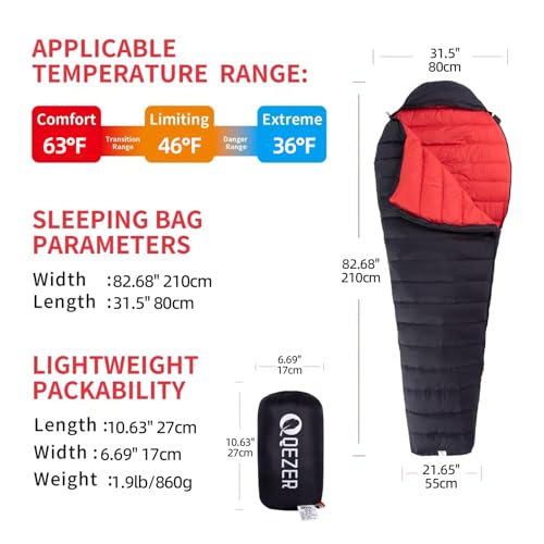 0 Degree Down Sleeping Bag for Adults,Cold Weather Backpacking | 650 Fill Power Down, 4-Season Use, Large Lightweight Compact Carry, Camping Hiking Backpacking - color: 500g-Black