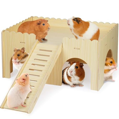 Large Wooden Guinea Pig Hideout with Ramp & 4 Cave Entrances for Small Pets | Easy Assembly, Easy-Clean Surface, Spacious Design, Anti-Slip Ramp, Quality Wood