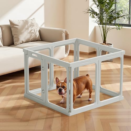 Clear Acrylic Dog Playpen - 33.4 x 33.4 Inch, 24" H 8 Planes Transparent Dog Fence Indoor, Sturdy Pet Pen for Puppy/Small Dog/Rabbit/Pig, Easy Assemble & Cleaning Plastic Whelping Box Enclosure, Grey - color: Grey