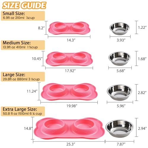 Hubulk Pet Dog Bowls 2 Stainless Steel Dog Bowl with No Spill Non-Skid Silicone Mat + Pet Food Scoop Water and Food Feeder Bowls for Feeding Small Medium Large Dogs Cats Puppies (S, Pink) - color: Pink, size: Small