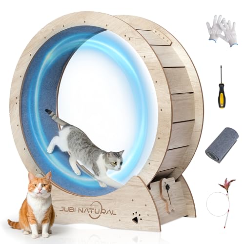 43" Cat Exercise Wheel, Quiet Treadmill with Removable Carpet | 50 lb capacity, TPE low-noise rollers, under 6 mm anti-pinch gap, safety lock, removable carpet and stable base - color: WOOD, size: 43"