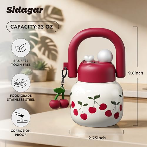 22 oz Insulated Stainless Steel Water Bottle with Handle, Cherry | Cute design with durable 316L stainless steel, dual sip, keeps drinks hot or cold longer, travel and everyday hydration - color: White