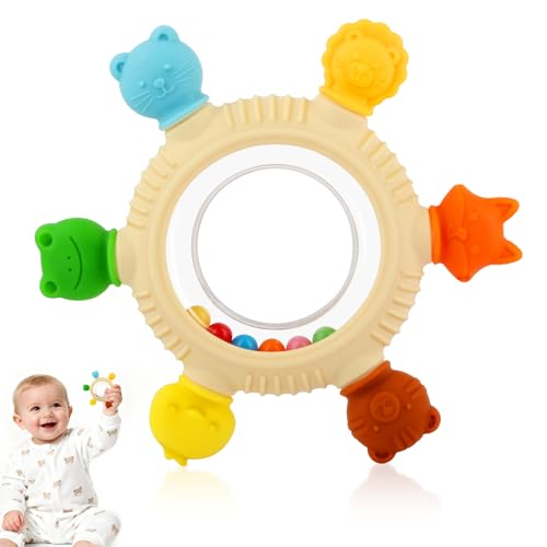 Baby Teething Rings Toys for 0-6 6-12 Months Animal Rattle Teether Toy | Sensory Toys for Babies 0-24Months Silicone Teether Relief Chew Soothing Sore Gums for Newborn Infant Essentials BPA Free