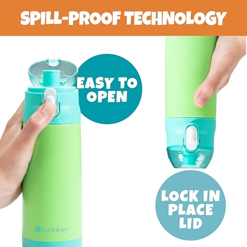 Bentology Stainless Steel 13 Oz Reusable Water Bottle for Kids, Green | Double Wall Insulated, Spill Proof Lid W/Built-in Straw- Keep Liquids Hot or Cold- Easily Fits in Lunch Boxes & Bags - color: Green