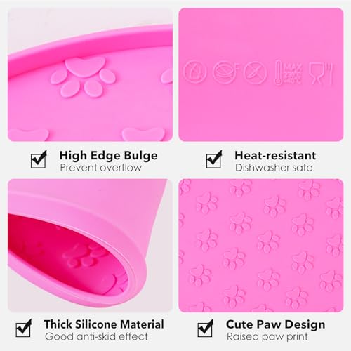Silicone Pet Food Mat - Waterproof Dog Food Bowl Mat Cat Feeding Mat Thicker Pet Placemat Eating Mat with High Lip to Prevent Spills, Dog & Cat Water Bowl Mat for Messy Drinkers to Protect Floors,Pink - color: Pink