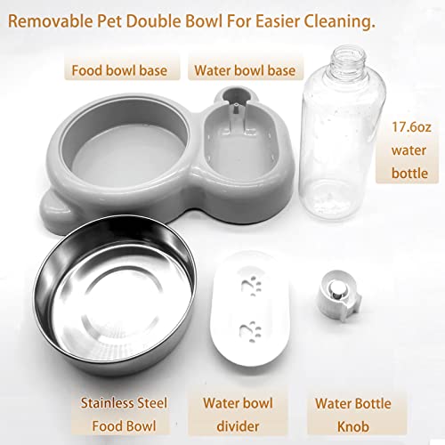 Tfwadmx Pet Double Dishes Rabbit Food Water Dispenser Set Cat Self Filling Bowls No Spill Dog Automatic Waterer Bottle Anti Gravity Feeder Cute Detachable Stainless Steel Bowl for Kitten Puppy Bunny - color: Grey