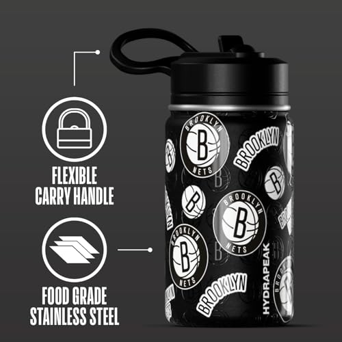Hydrapeak NBA Officially Licensed Brooklyn Nets Mini 14oz Kids Stainless Steel Water Bottle with Straw Lid & Flexible Handle, Double Wall Insulated, Spill Proof, Perfect for Back to School - color: Brooklyn Nets