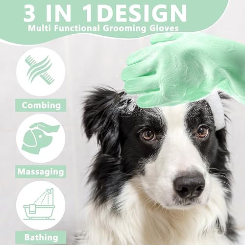 Pet Grooming Gloves—Dog Washing Gloves with High-Density Teeth | Dog Bath Scrubber with Enhanced Five Finger Design, Silicone Gloves for Dogs and Cats Bathing, Massage (Green) - color: Green