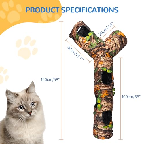 Foldable 3 Way Cat Play Tunnel for Indoor Cats,Cat Tunnel Toy | Camouflage Tree Bark Cat Tube with Peek Hole & Crinkle Paper ,Interactive Play Toy for Cat Kittens, Rabbits & Small Animals - color: 59"-Cat Tunnel Toy Brown