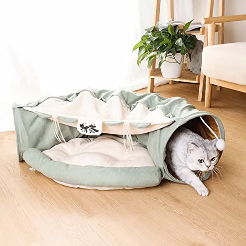 EAEDMY Cat Rabbit Tunnel Bed Nest for Cats Indoor, with Collapsible Washable Soft Cushion, Plush Ball and Exercise Wheel Tube, Fit for Puppy Bunny Kitty Kitten Ferret - color: 1.Matcha