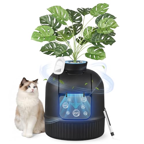 Feandrea Plant Cat Litter Box Enclosure with Artificial Plant, Enclosed Hidden Litter Box Furniture with Door, Carbon Filter, Odor Control, Pebbles, Scoop, Brush, Ink Black UPPT006B101 - color: Ink Black