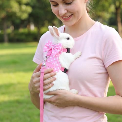 Bunny Harness and Leash Set, Adjustable Rabbit Harness with Buckle | Rabbit Harness and Leash Set for Small Pet Rabbit Kitten Guinea Pigs (Pink Polka Dot, S)