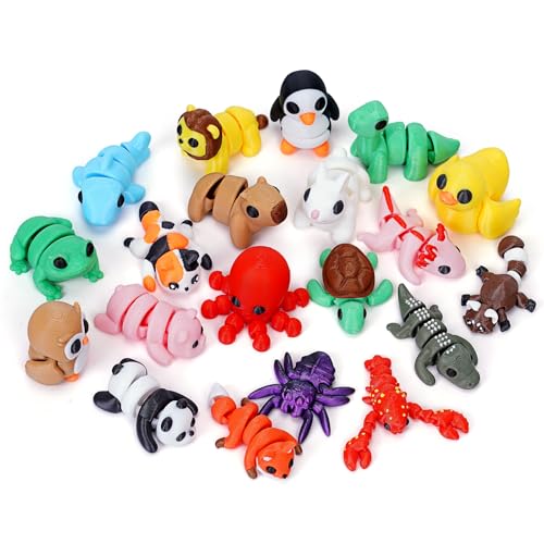 Mini 3D Printed Animals, 20 Piece Articulated Fidget Toy Set | 20 mini 3D printed animals, articulated flexi design, desk pets, pocket collectibles, classroom rewards, party favors - color: 20 Pcs