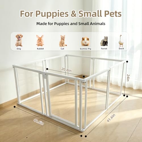 24" H Clear Dog Playpen Indoor, Acrylic Dog Cage with Door 8 Panels | Metal Frame Play Pen Easy Assemble Pet Fence, DIY Foldable Puppy Pen for Ducks Cat Rabbit Small & Medium Pets- White
