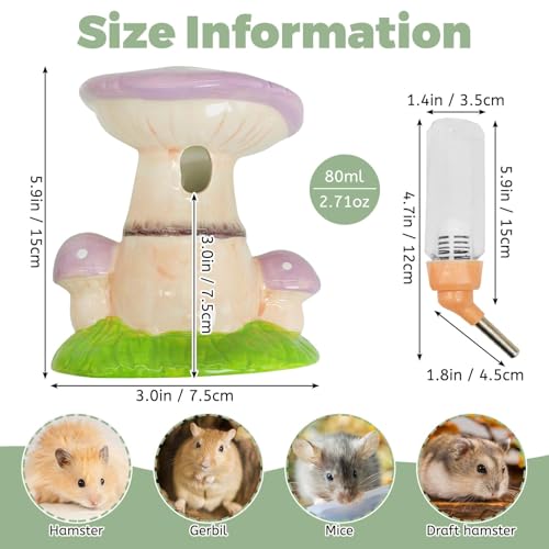 PINVNBY Hamster Water Bottle No Drip Ceramic Automatic Gerbil Water Bottle 80ML Water Dispenser with Mushroom Stand Holder for Gerbils Syrian Hamsters Dwarf Hamsters Mice (Purple) - color: Purple