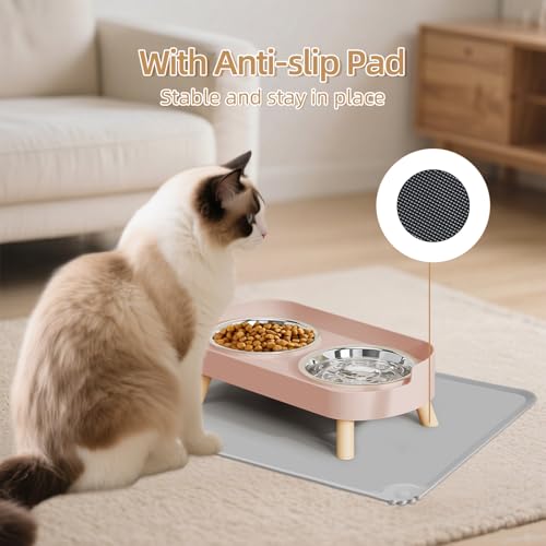 Elevated Cat Bowl with Food Mat, Raised Cat Food and Water Bowl Set for Indoor Cats, Splash Proof with 2 Stainless Steel Pet Food Bowls for Cats and Puppies,Whisker Fatigue and Dishwasher Safe (Pink) - color: Cat Bowls with mat - pink