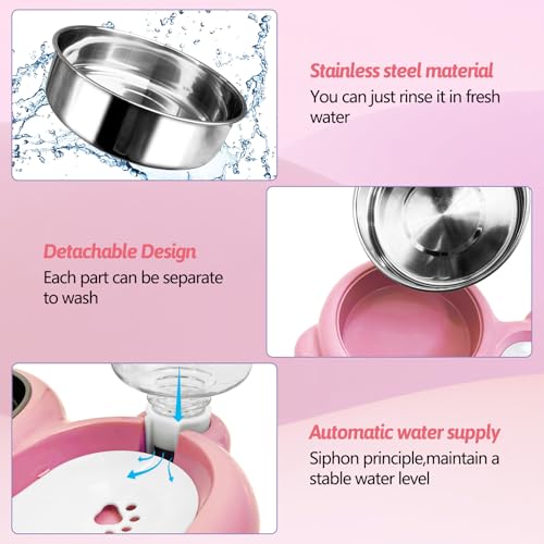 Rabbit Double Bowls Bunny Automatic Water Dispenser Detachable Stainless Steel Bowl No-Spill Water Bottle Food Feeder for Small Animals Bunny Squirrel Cat Puppy Chinchilla - color: Pink
