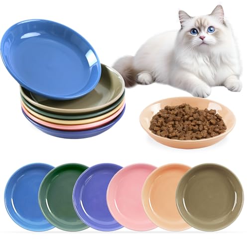 6 Pack Cat Food Bowl, Ceramic Cat Bowls, Anti Whisker Fatigue Cats Bowl Set | 5.5 Inches Shallow Wide Kitten Plates for Food and Water (CaiSe-B) - color: CaiSe-B