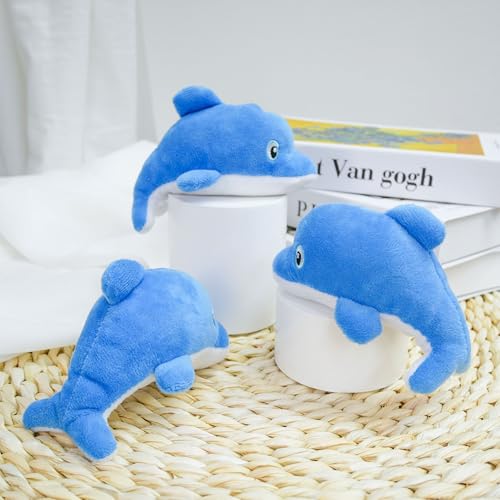Dog Hide and Seek Toys Puppy Chew Squeaky Toys Plush Mushroom&Bamboo&Shell Hideout Stuffing with Squeakers Animals (3Pcs Squeaky Dolphin Blue) - color: 3Pcs Squeaky Dolphin Blue