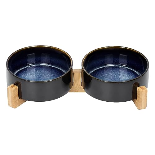 SPUNKYJUNKY Ceramic Dog and Cat Bowl Set with Wooden Stand, Modern Cute Weighted Food Water Set for Small Size Dogs (13.5OZ) & Medium Sized Dogs (28.7OZ) & Cats (1.7 Cups, 2 × Starry Blue) - color: Starry Blue × 2, size: 1.7 cups