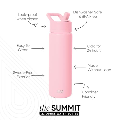 Simple Modern Insulated Water Bottle with Straw | 22oz | Pink | Summit Stainless Steel Water Bottles, Metal Cup | Leak Proof for School, Gym, Travel, Sports | Blush - color: -Blush, style: 22oz
