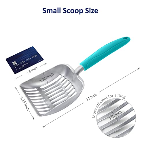 Cat Litter Scoop, Aluminum Alloy Sifter, Kitty Metal Scooper, Deep Shovel, Long Handle, Poop Sifting, Kitten Pooper Lifter, Durable, Heavy Duty, for Litter Box - color: FLAT Aluminum \ #02 Turkish Blue Handle, size: Small