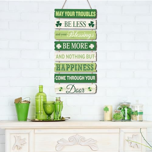 JarThenaAMCS St. Patrick's Day Door Sign Wooden May Your Troubles Be Less Irish Blessing Sign Shamrock Rustic Hanging Wall Decor for Indoor Outdoor Farmhouse Home Party Decor - style: St. Patrick's Day