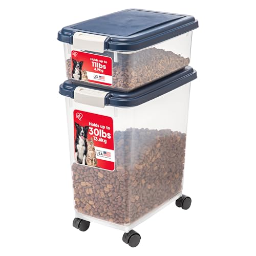 IRIS USA Dog Food Storage Container, Up to 30+11 lbs, Navy, Made in USA | Wheels for Mobility, Airtight Seal, BPA-Free, Best for Bird Seed, Cat food, Cat Litter, Chicken Feed, Pellets