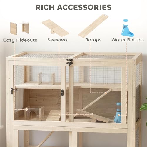 PawHut Wooden Hamster Cage for Syrian Mice Gerbil 33" x 21" x 36" | 4 Tier Small Animal Cage, Mesh Flip Roof, Pull-Out Tray, Huts, Seesaws, Ramps, Water Bottles, Hamster Habitat, for Dwarf