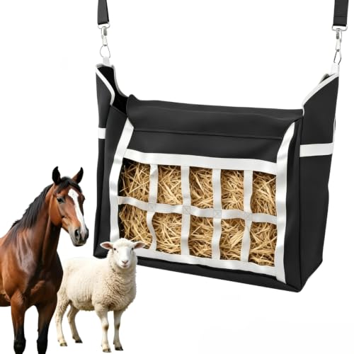 Slow Feed Hay Bag for Horses Sheep Goat Cattle Donkey, 300D Waterproof PVC Oxford Slow Feeder with Adjustable Straps, Small Hole Hay Sack Cut Waste for Barn Stall Fence Horse Trailer, Black 1 Pack