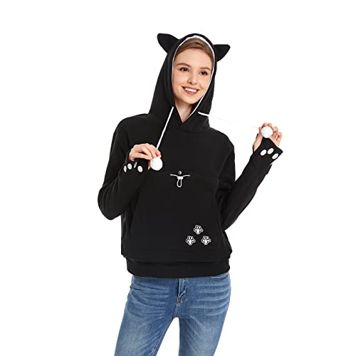 Unisex Big Pouch Hoodie Long Sleeve Fleece Pet Dog Holder Carrier Pullover Sweatshirt… - color: Black, size: Medium