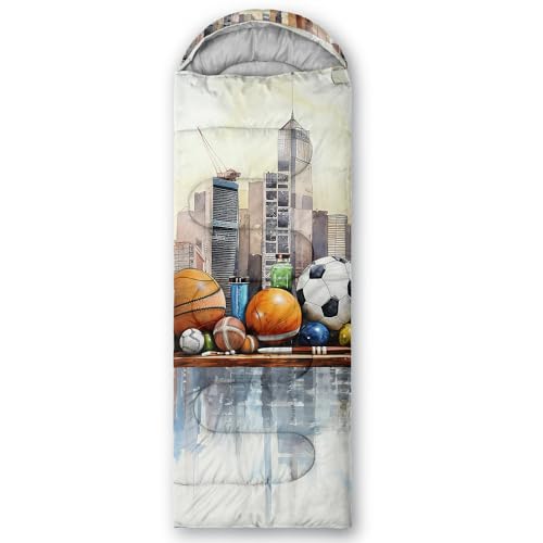 Sleeping Bags for Adults and Kids Backpacking Camping Sleeping Bags for Girls and Boys Lightweight Waterproof Cold/Warm 3-Season - color: Cartoon Sports Ball City Skyline
