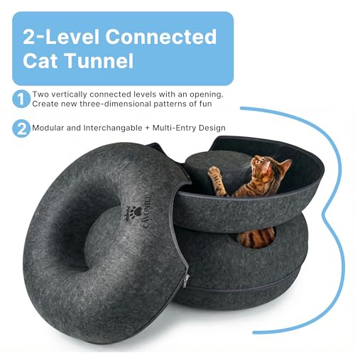 2-Level Detachable Large Cat Tunnel Bed for Indoor Cats, Scratch-Resistant Felt Donut Cat Cave, Supports Up to 30 lbs, Peekaboo Cat Tube (Dark Grey, L 24 x 24 x 22 in)