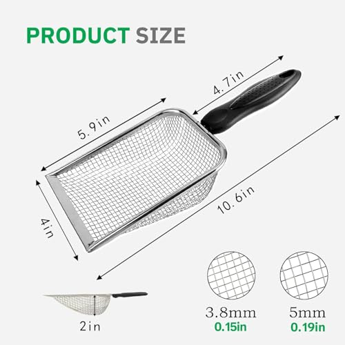 Chicken Coop Poop Scooper 2 Pack, Stainless Steel Sifting Shovels | 3.8mm & 5mm Mesh Sand Sifting Litter Shovel Tool for Chicken Coops Sand, Cat Litter and Bedding Cleaning, 2 adhesive hooks