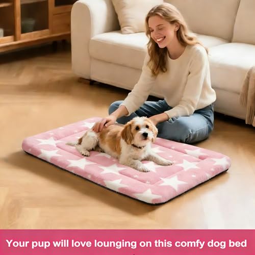 Dog Bed Mat, Reversible Crate Pad & Cute Dog Bed - Machine Washable Kennel Mat with Ultra Soft for Small Dogs (Big&Small Stars Pink, 24" L*18" W*1.5" Th) - color: Big&Small Stars Pink, size: 24"L*18"W*1.5"Th