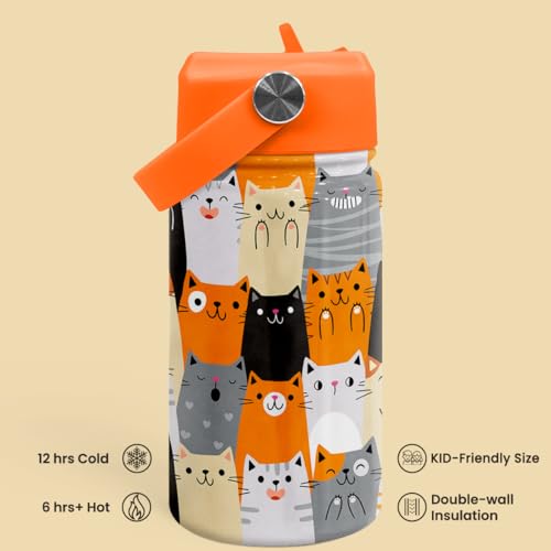 SANDJEST Cat Water Bottle - Kids Water Bottle with Straw Lid - 12 Oz Insulated Stainless Steel Water Bottles for Kid Boys Girl - Travel Cup for School Sports - color: Cat 1