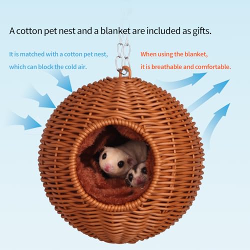 Small Animal Hammock, PP Rattan Hiding Place with Removable Cotton nest, Suitable for Hamsters, Guinea Pigs, Rats, Sugar Gliders, Squirrels, Parrots (Brown) - color: Brown