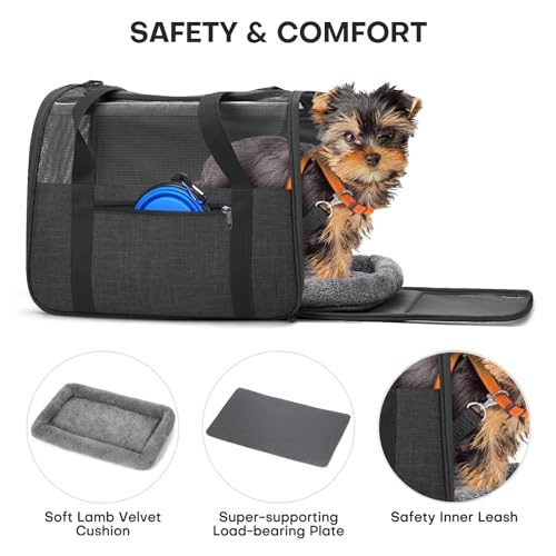 JUNGYOUN Premium Cat Carrier - Pet Carrier for Cat & Small Dogs up to 15lbs - Airline Approved Travel Dog Carrier with Anti-Escape Zippers, Collapsible Travel Bowl & Padded Strap - color: Dark Grey, size: 17.5"L x 12.4"W x 13.5"H