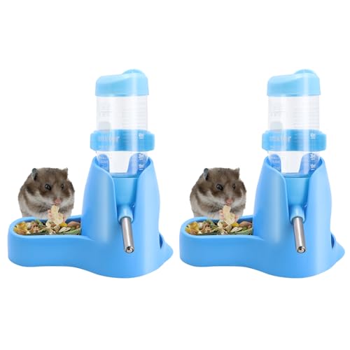 Wontee 3 in 1 Hamster Water Bottle Small Pet Automatic Water Dispenser with Food Container Base Hideout for Dwarf Hamster Mice Gerbils, 2 Pack (Blue, 80ML) - color: Blue, size: 80ML