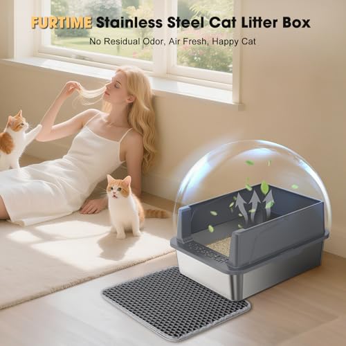 FURTIME Stainless Steel Cat Litter Box, Small Cats Metal Litter Box | High-Sided Open-Top Easy-Clean Litter Pan, Non-Stick, Anti-Leakage, Odor-Free, Comes with Scoop & Mat, 17"×13"×8.4" - color: Grey, size: Small