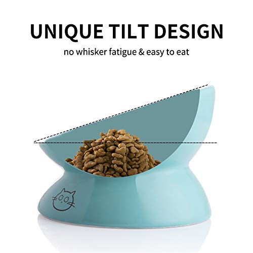 Sweejar Ceramic Raised Cat Bowls, Slanted Cat Dish Food or Water Bowls, Elevated Porcelain Pet Feeder Bowl Protect Cat's Spine, Stress Free, Backflow Prevention (Turquoise)