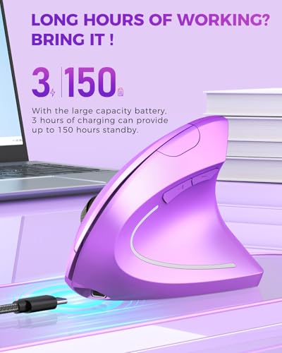 Lekvey Ergonomic Mouse, Rechargeable Vertical Wireless Mouse, Purple | USB-C Charging, 2.4G USB Wireless, Plug & Play, 3 DPI (800/1200/1600), Quiet Clicks, Carpal Tunnel Mouse, for Laptop, PC, Mac - color: Purple