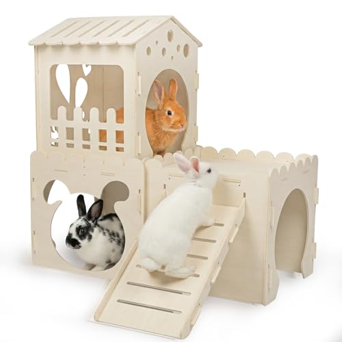 Extra Large Rabbit Castle, Wooden Bunny House &,Detachable Rabbit Hideaway, Indoor Hamster Castle with Ramp, Small Animal Houses & Habitats for Guinea Pig Chinchilla Ferret(3 House) - size: Extra Large-3House