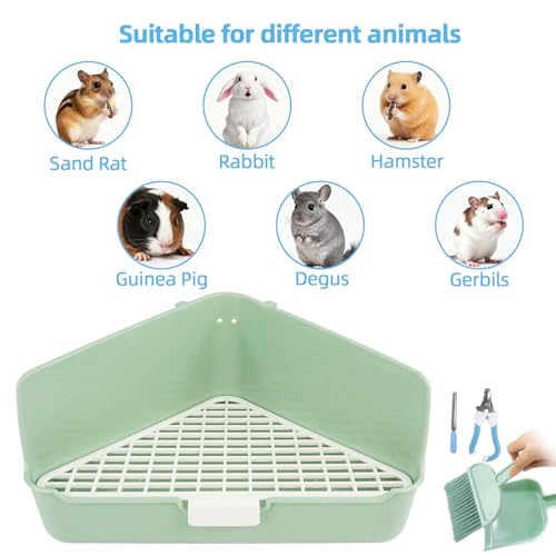 Large Rabbit Litter Box 10" x 10" x 7" with Broom & Grooming Kit, Low-Entry Corner Toilet Pan for Potty Training Rabbits Bunny Guinea Pigs Ferrets (Green)